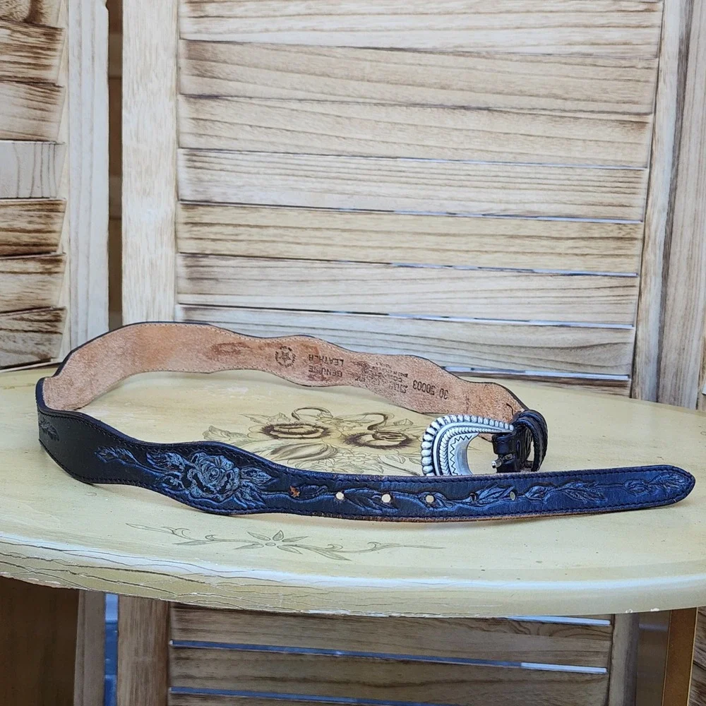 Vintage Silver Creek Sz 30 Black Leather Tooled Floral Western Belt Feminine
